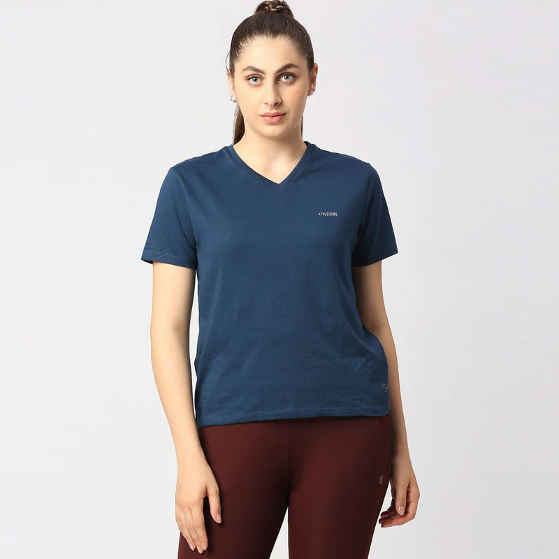 LOVABLE Women Aqua Blue Solid Sports Top - V-Neck Tee