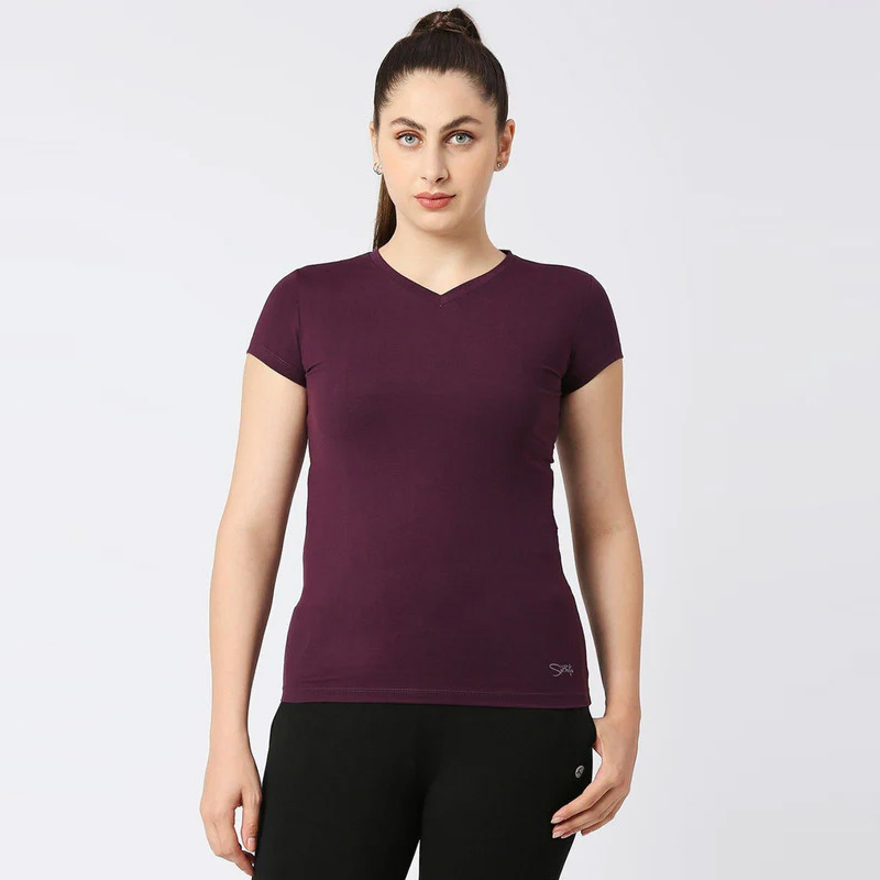 LOVABLE Women Purple Solid Sports Top - V-Neck Tee