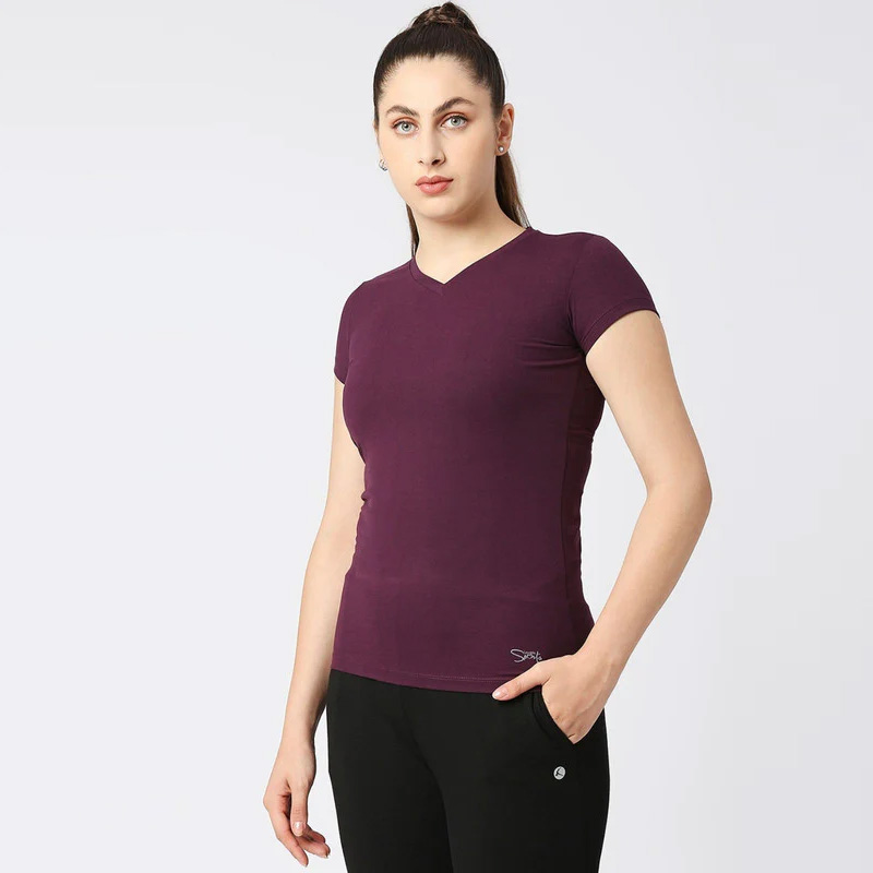 LOVABLE-Women-Purple-Solid-Sports-Top—V-Neck-Tee—5