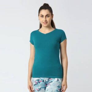 LOVABLE Women Sea Green Solid Sports Top - V-Neck Tee