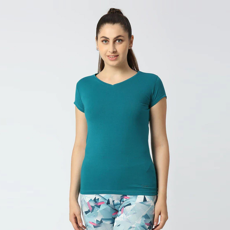 LOVABLE Women Sea Green Solid Sports Top - V-Neck Tee