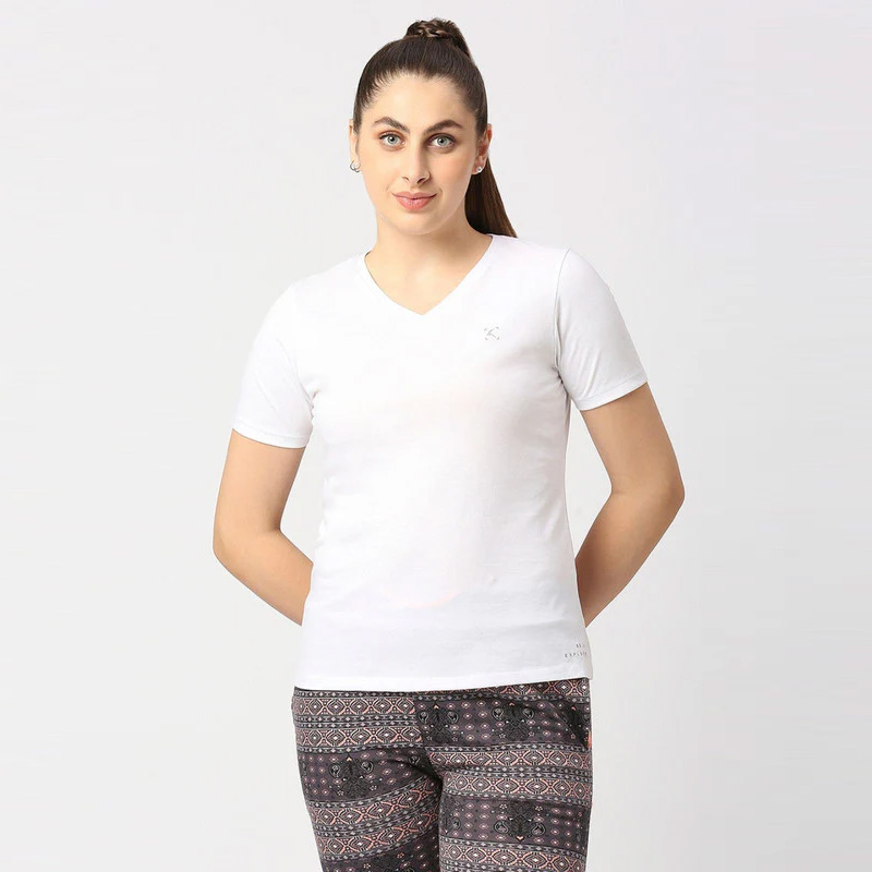 LOVABLE Women White Solid Sports Top - V-Neck Tee