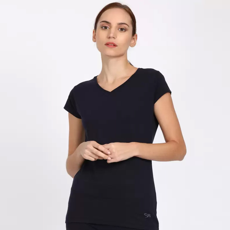 LOVABLE Women Navy Blue Solid Sports Top - V-Neck Tee