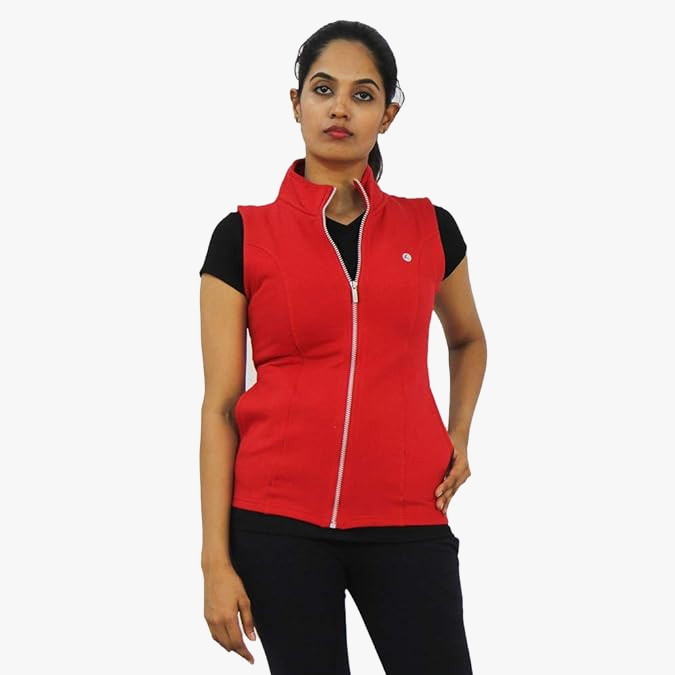 LOVABLE Women Solid Polyester Sleeveless Jacket - Red