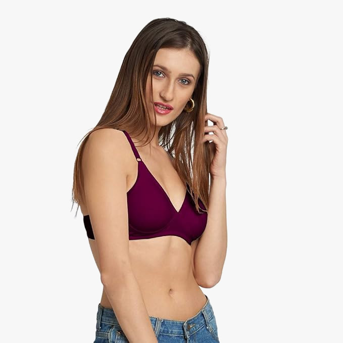 LOVABLE Women V-Neck Cotton Seamless Non-Padded Full Coverage T-shirt Bra - Wine