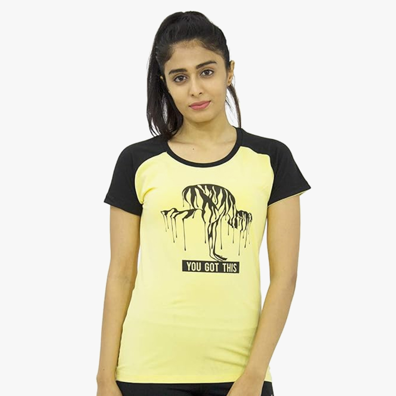 LOVABLE Women Yellow Cotton Lycra Solid Tops Tshirts - Zumba Tee